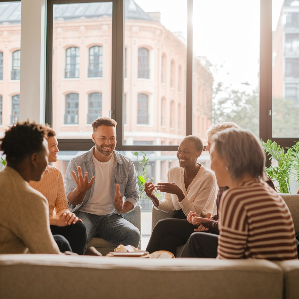 Group of diverse individuals engaged in a supportive discussion, emphasizing community connection and recovery, in a bright, inviting space.