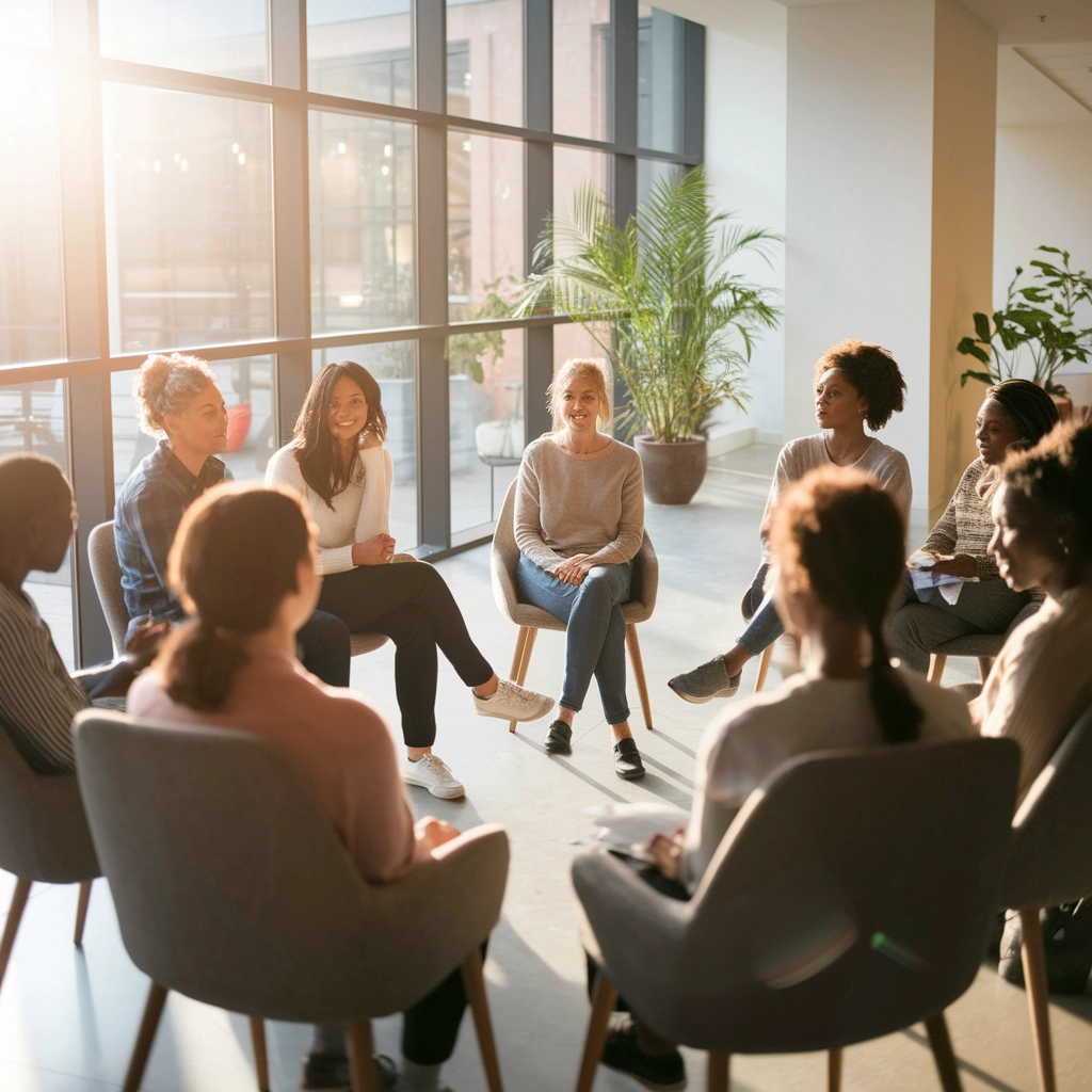 Group therapy session in a bright, modern setting, individuals seated in a circle, engaging in discussion, fostering social connection and support for mental health and recovery.
