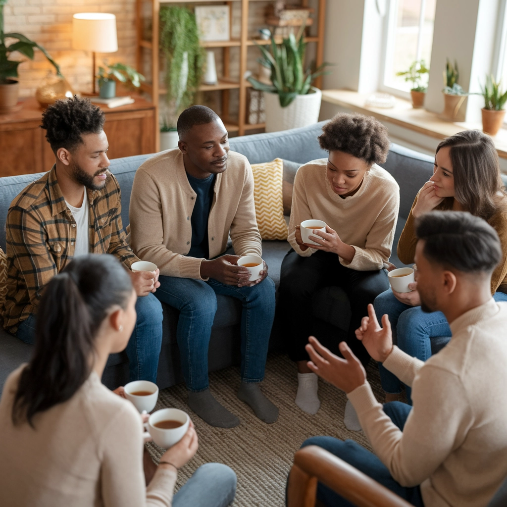 Group of diverse individuals sitting in a cozy living room, engaged in a supportive conversation while holding cups, emphasizing community and connection in mental health recovery.