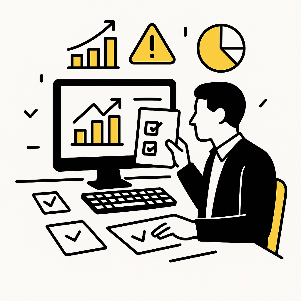 Person in suit analyzes charts on a computer screen. Yellow graphs, pie chart, and alert icon enhance the business setting.