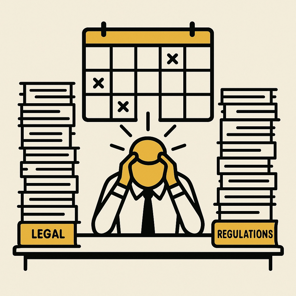 Person at a desk holding head in frustration, surrounded by tall stacks of papers labeled "Legal" and "Regulations," with a calendar above.