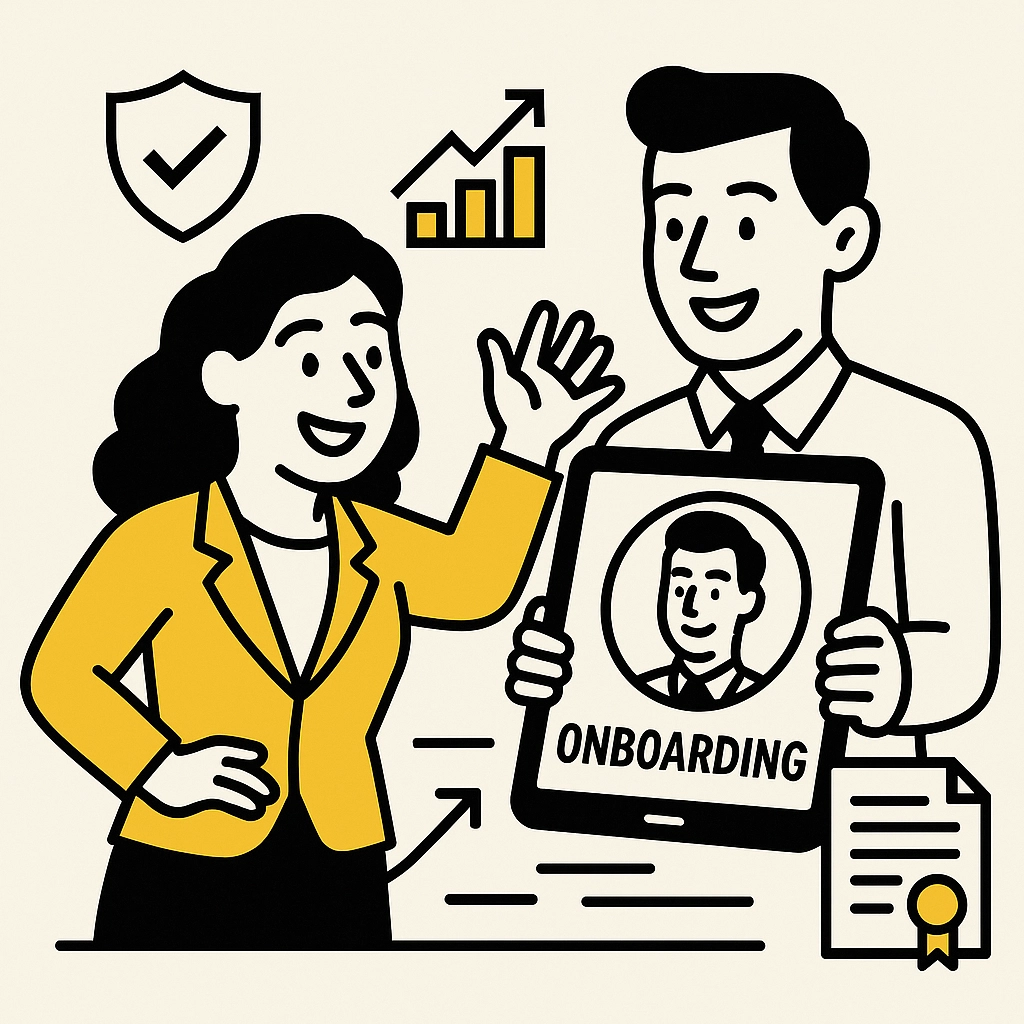 Man holding an "Onboarding" tablet and woman smiling. Icons include a checkmark, graph, and document. Yellow and black theme.