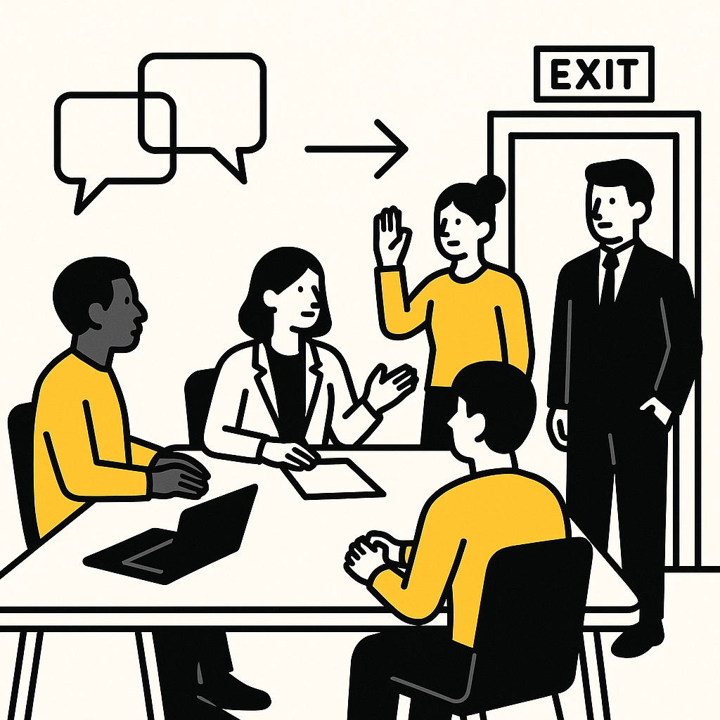 Five people in a meeting room, one standing and waving. Speech bubbles and arrow overhead. Exit sign on the door. Black and yellow color scheme.