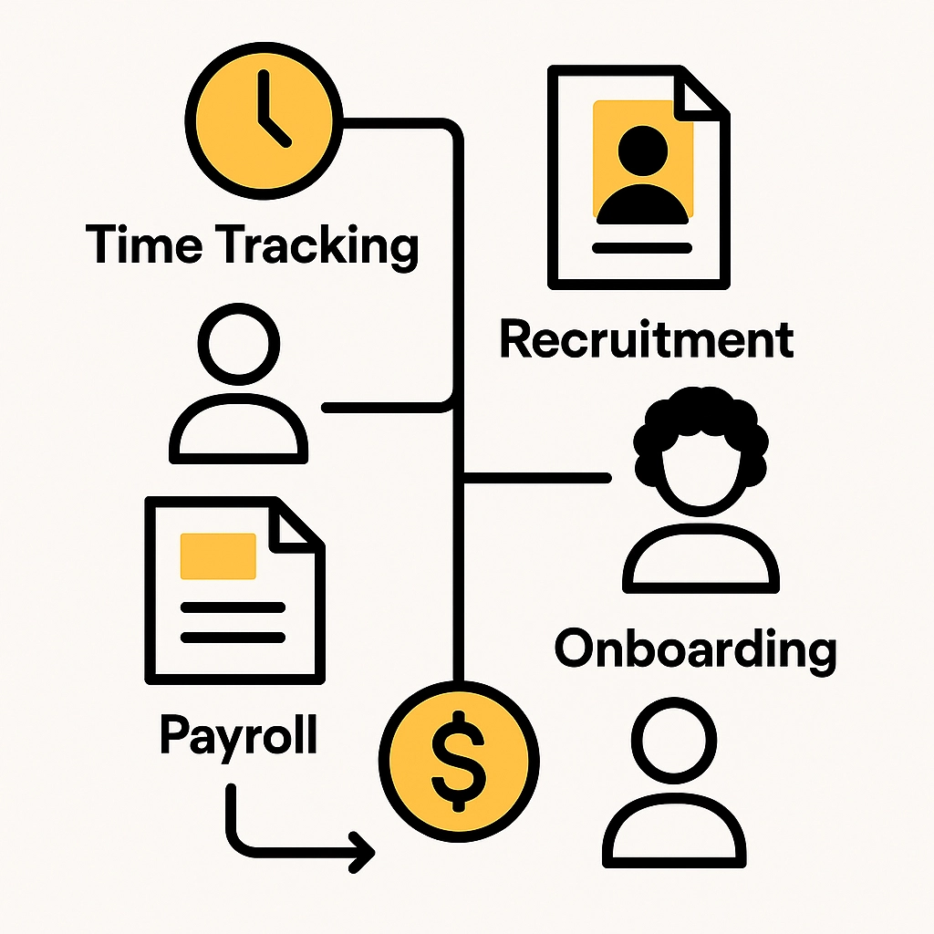 Flowchart showing processes: Time Tracking, Recruitment, Payroll, Onboarding linked by arrows. Yellow and black graphics with icons.