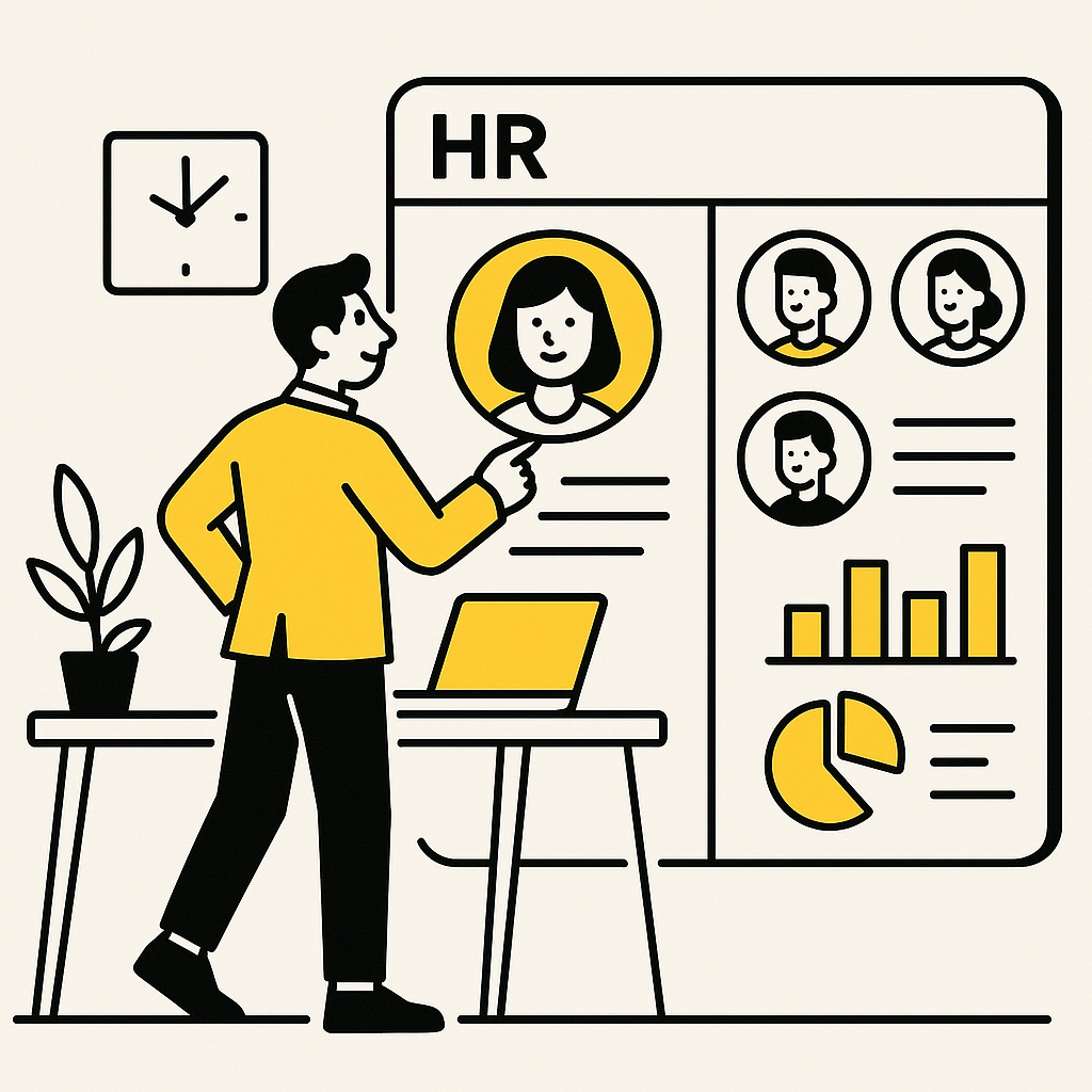Man in yellow points at an HR board with profiles and graphs. Desk with laptop, plant, and wall clock in the background.
