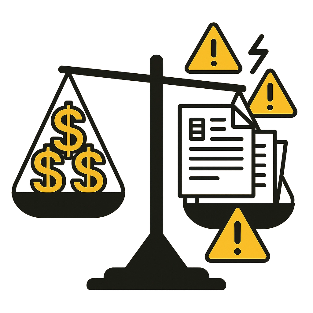 A balance scale with dollar signs outweighing documents and yellow warning symbols, suggesting financial and legal imbalance, on a gold background.