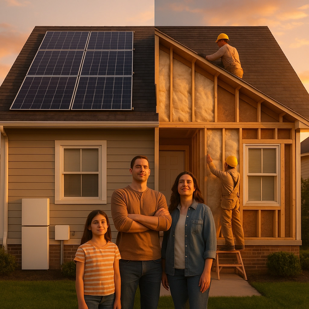 Family standing in front of a home with solar panels on the roof, while a contractor installs insulation, illustrating solar energy adoption and home efficiency improvements.