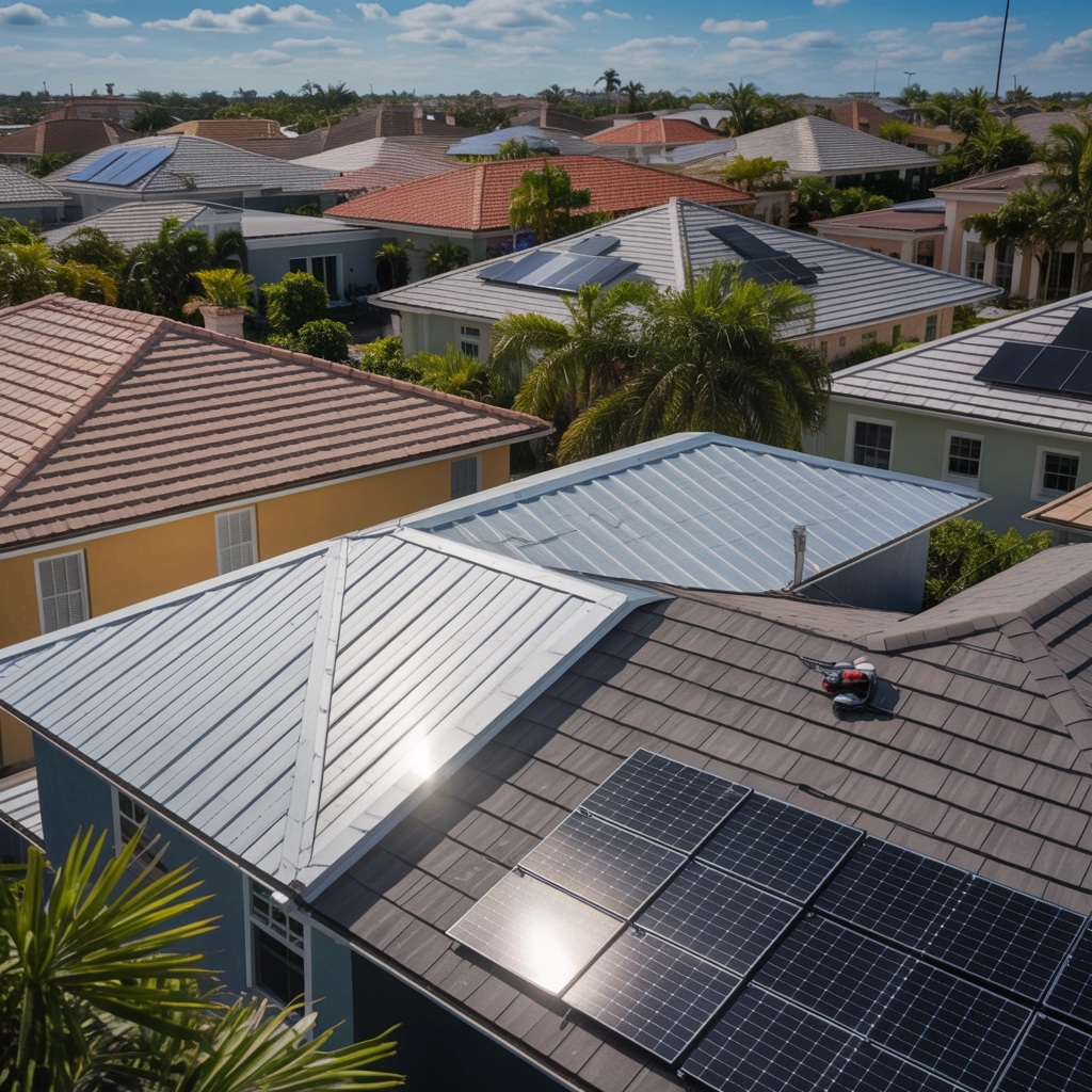Florida residential roofs with solar panels and metal roofing, showcasing diverse roofing styles and materials in a sunny neighborhood.