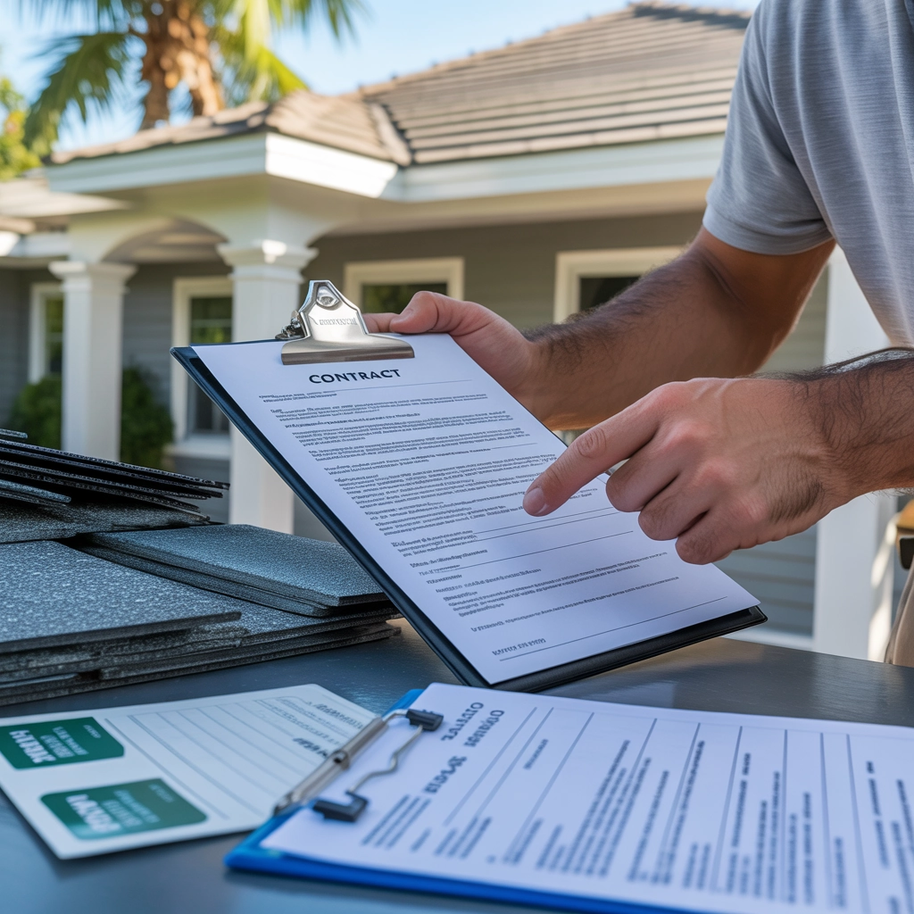 Contract paperwork on a clipboard, highlighting roofing project details, with shingles and additional documentation in the foreground, set against a residential backdrop.