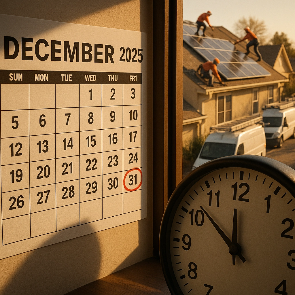 Calendar for December 2025 with the 31st circled, showing urgency for solar installation deadlines, alongside a clock and workers installing solar panels on a roof outside.