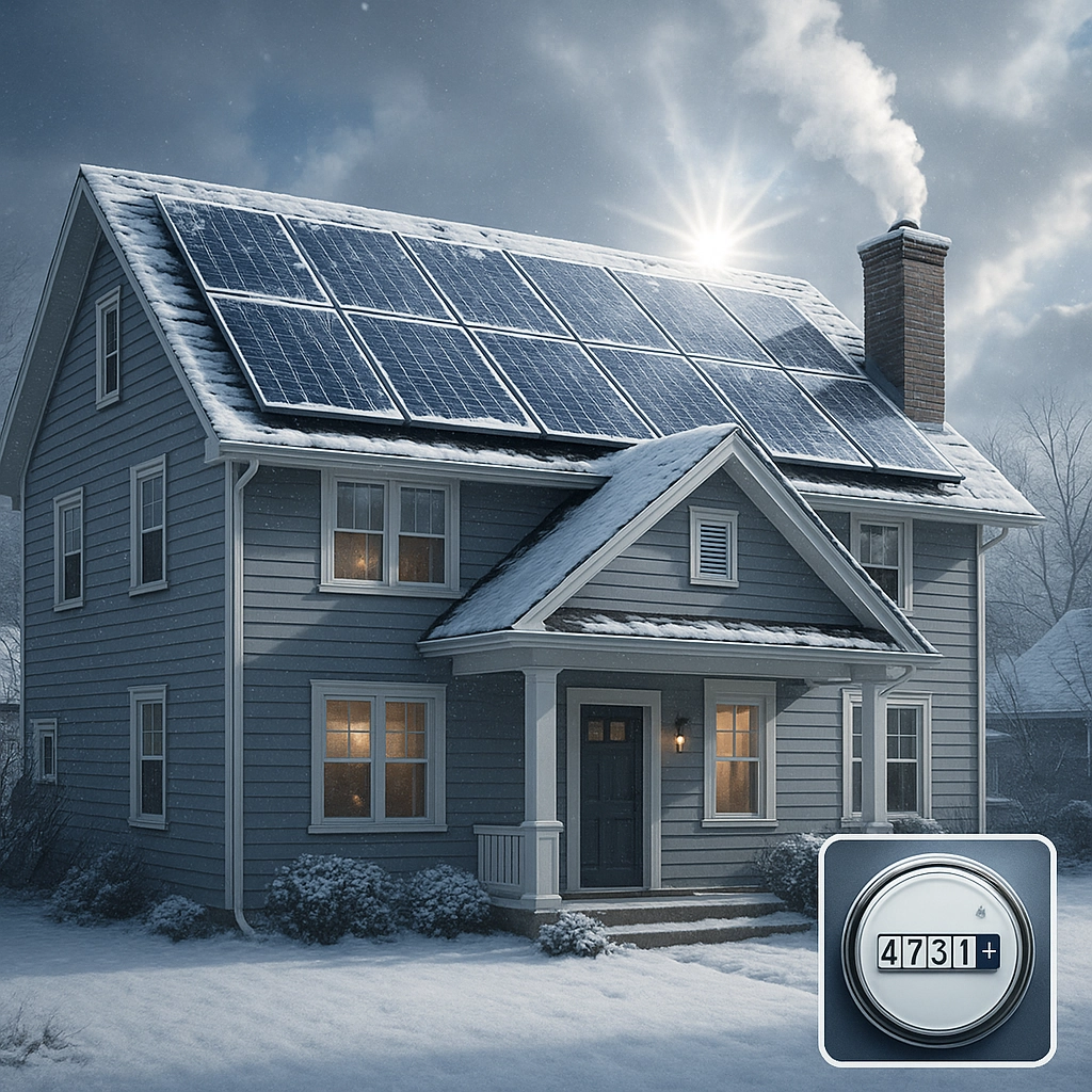 Winter scene of a two-story house with solar panels on the roof, surrounded by snow, showcasing energy efficiency and the potential for savings on electric bills in Illinois.