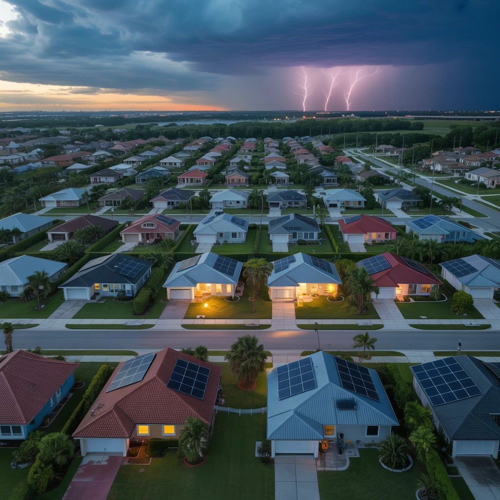 Aerial view of a suburban neighborhood in Florida featuring homes with solar panels on rooftops, illuminated by warm lights, under a dramatic sky with lightning, illustrating the benefits of solar energy and resilience against weather challenges.