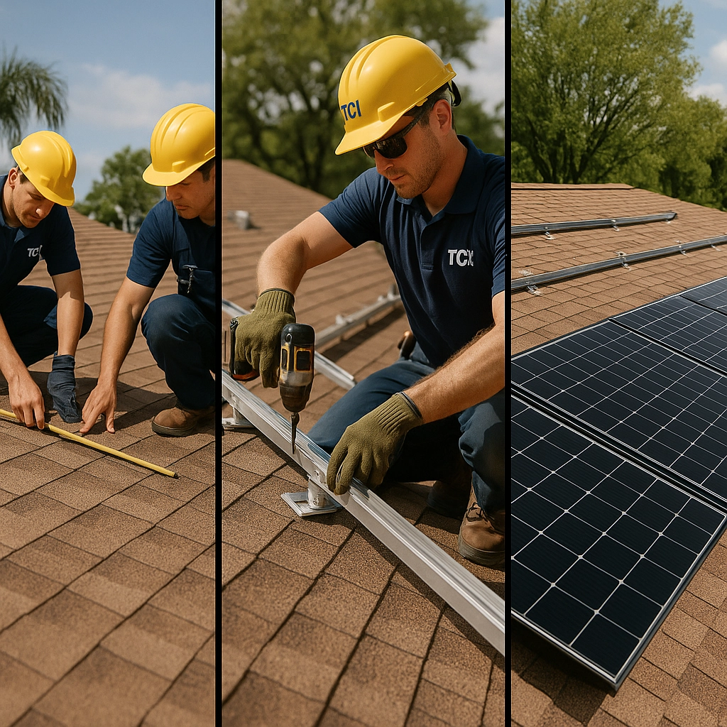 Two TCI Roofing and Solar technicians measuring and installing solar panel mounting brackets on a residential rooftop, showcasing professional installation practices for solar energy solutions.