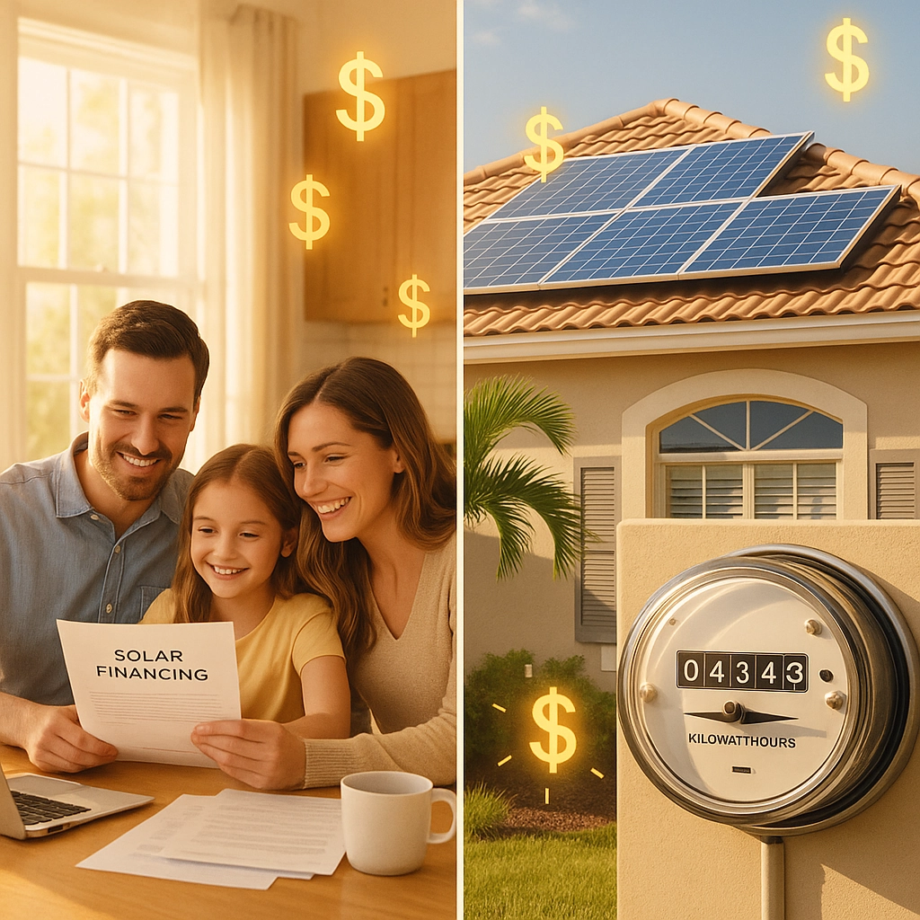 Family reviewing solar financing options at a table, smiling, with a document labeled "SOLAR FINANCING" and dollar signs above; in the background, a house with solar panels on the roof and an electric meter indicating savings.