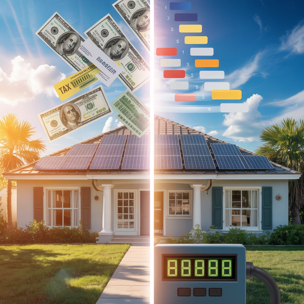 Solar-powered home in Florida with solar panels, floating dollar bills representing savings and tax incentives, and an energy monitor displaying energy output, illustrating financial benefits of solar energy adoption.