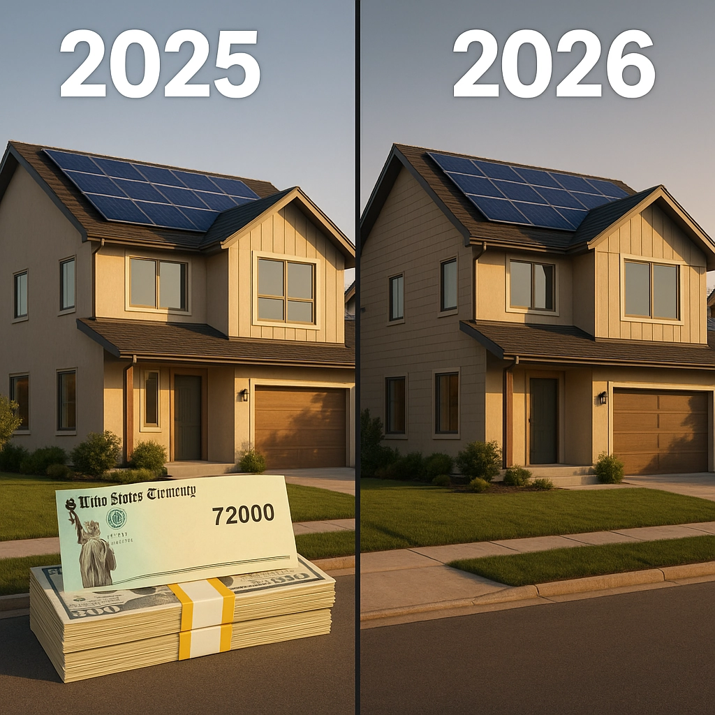 Comparison of solar investment costs for homes in 2025 and 2026, featuring a house with solar panels and a stack of cash labeled $72,000, illustrating the impact of federal tax credit expiration.