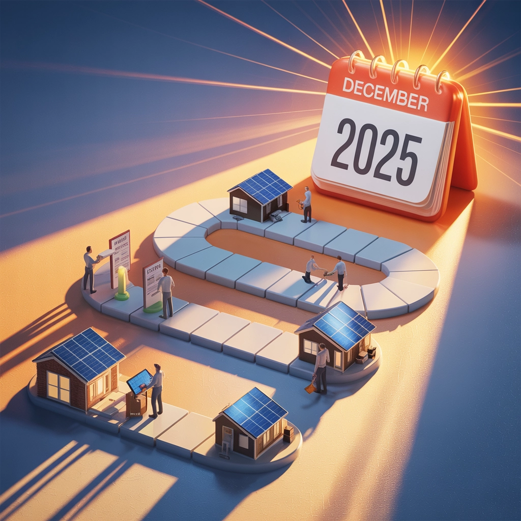 3D illustration of a solar installation timeline with model houses featuring solar panels, figures representing homeowners and installers, and a calendar marking December 2025, symbolizing the urgency for solar investment and completion before the federal tax credit deadline.