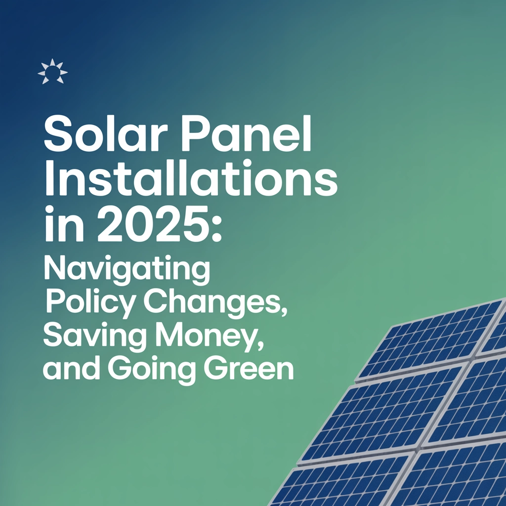 Solar panel installations in 2025, emphasizing policy changes, financial savings, and environmental benefits, with a green gradient background.
