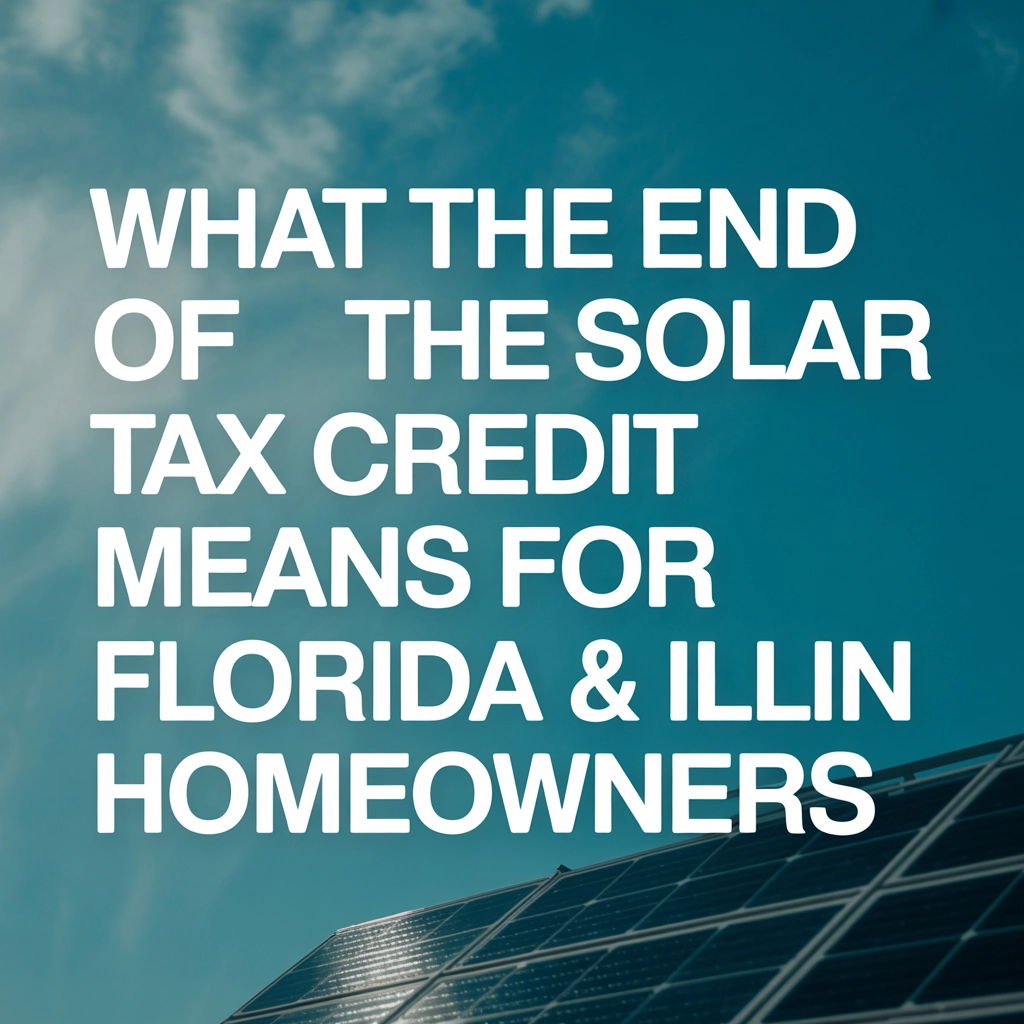 Text overlay on solar panels discussing implications of the solar tax credit expiration for Florida and Illinois homeowners.