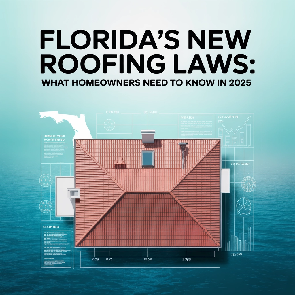 Florida roofing laws 2025 overview with a residential roof design and blueprint elements, emphasizing homeowner protection and compliance.