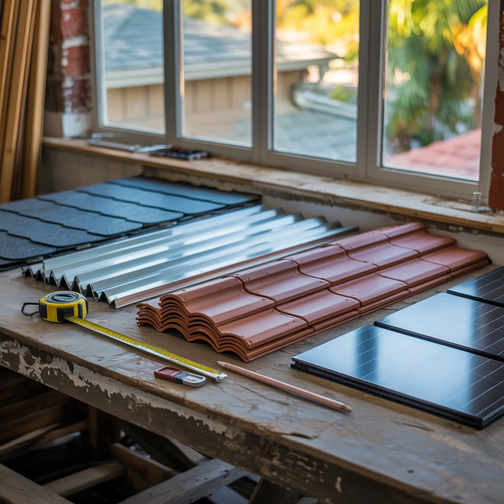 Assorted roofing materials on a wooden table, including impact-resistant shingles, metal panels, solar-reflective tiles, and integrated solar roofing panels, reflecting updates to Florida's roofing regulations for 2025.