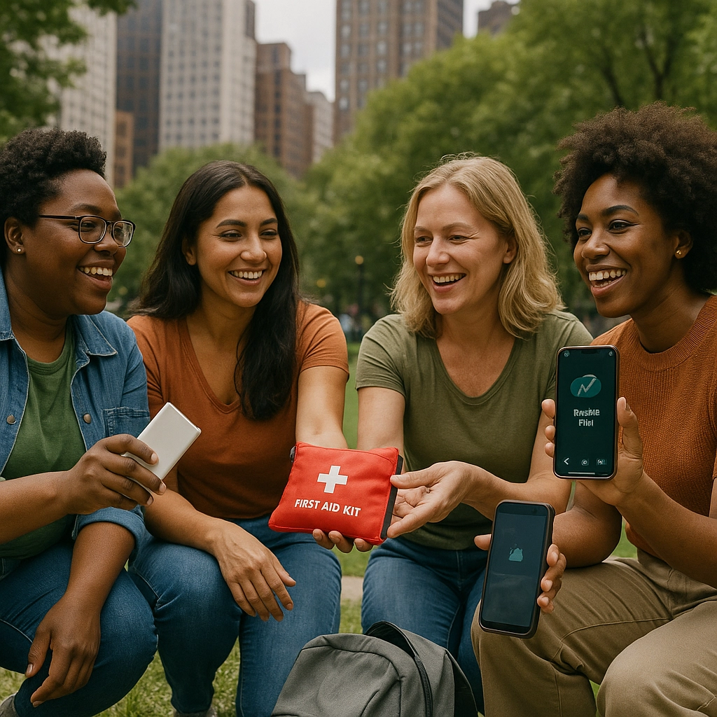 Be ready not worried. A group of smiling women in a city park. One woman is holding a first aid kit, the others are holding their cell phones.