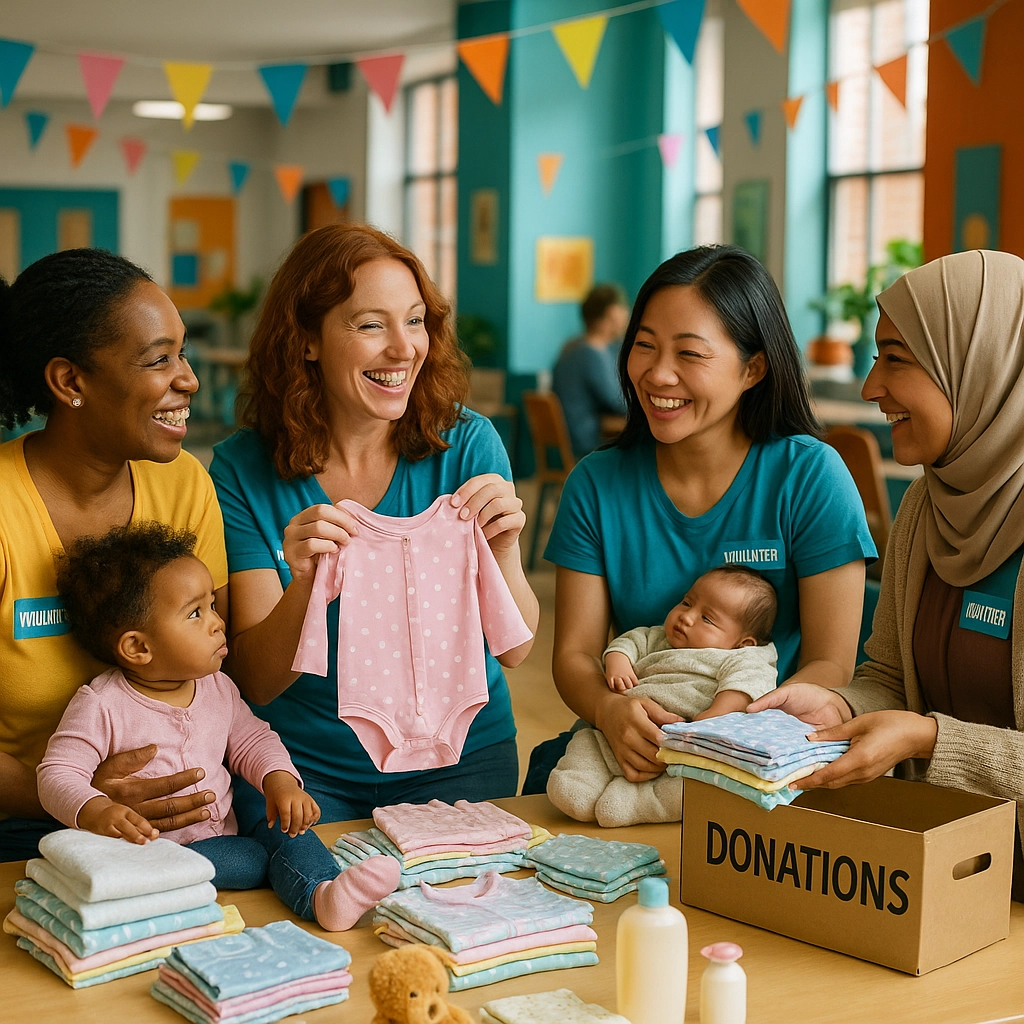 A smiling group of women are sitting at a table in a community center. One of the women has a baby that is sitting on the table; another woman is holding a newborn. Baby clothes are in piles in front of them along with a couple of bottles and a teddy bear. A a box that reads, "donations" is on the bottom right.