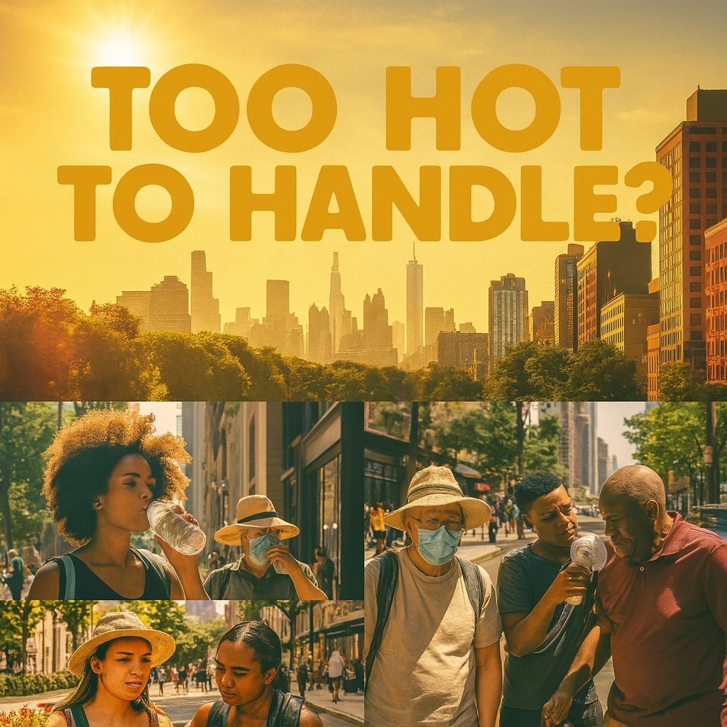 A collage of pictures; the top pic is a bright sun over a city that sits next to a park, and you can only see the tops of the trees. There are two pics in the bottom left; one of two people - a lady drinking a bottle of water, and a man to her left adjusting his face mask. the pics below it is of two people talking on a hot city street. The pic to the right is of three people; an older man with a face mask, a younger man in the middle helping a older man on the far right with his oxygen mask. 7 Ways to Beat the Heat in a Small Apartment
