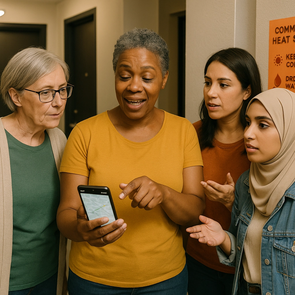 A group of diverse women gather in an apartment hallway. One of the women is holding a phone that they are all looking at. The women holding the phone is pointing out something on the screen for the other women to focus on. 7 Ways to Beat the Heat in a Small Apartment