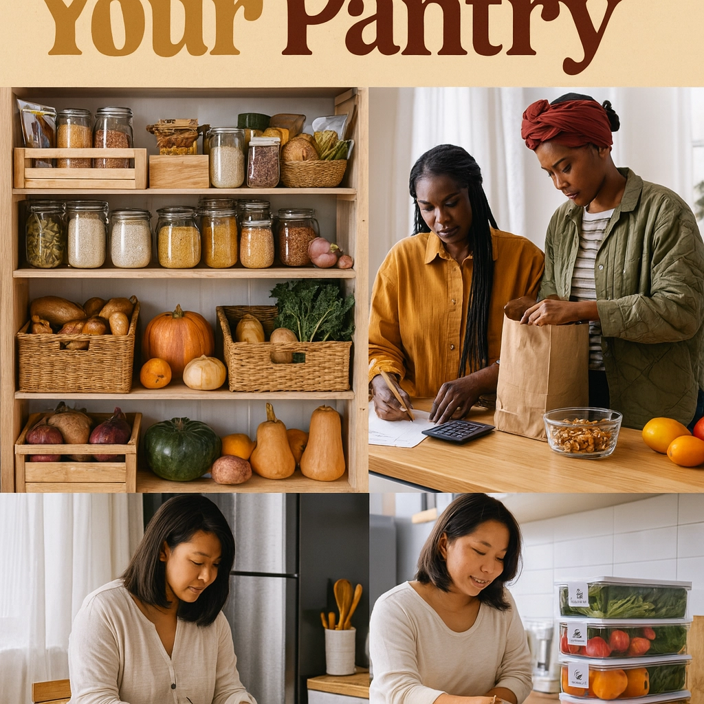 A four-pic image; top left is of an organized pantry, top right is of two women in a kitchen, one is writing out a list while the other is checking inside a paper bag. The bottom left pic of a women from the waist up in her kitchen with a stainless steel refrigerator and part of a counter with wooden utensils in a stand behing her. The pic on bottom right is a woman in her kitchen organizing food place in clear-plastic containers. Revolutionize Your Pantry: 5 Simple Hacks to Save Money