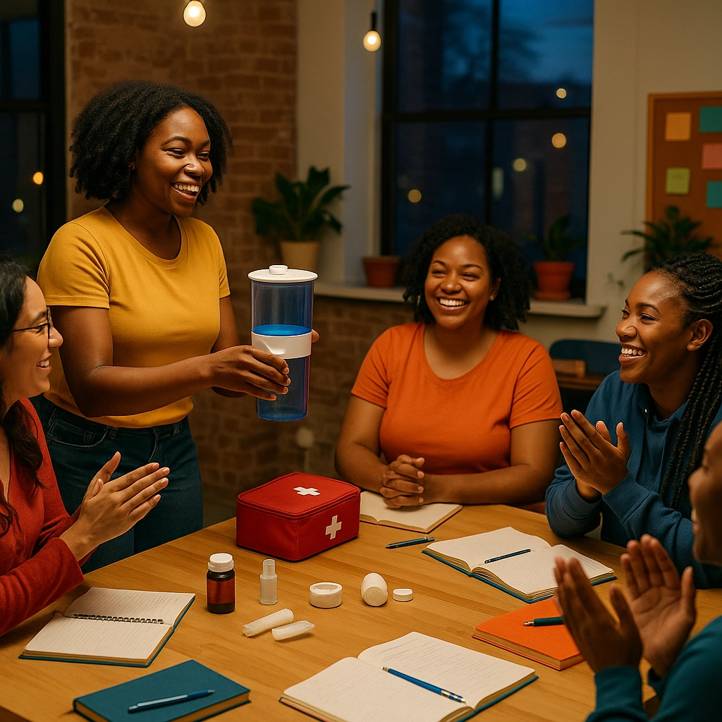 A group of Black and brown women sitting around table in a city apartment smiling. they have open notebooks and pens on the table, along with a first aid kit, nd one of the women is holding a water filtration system. 