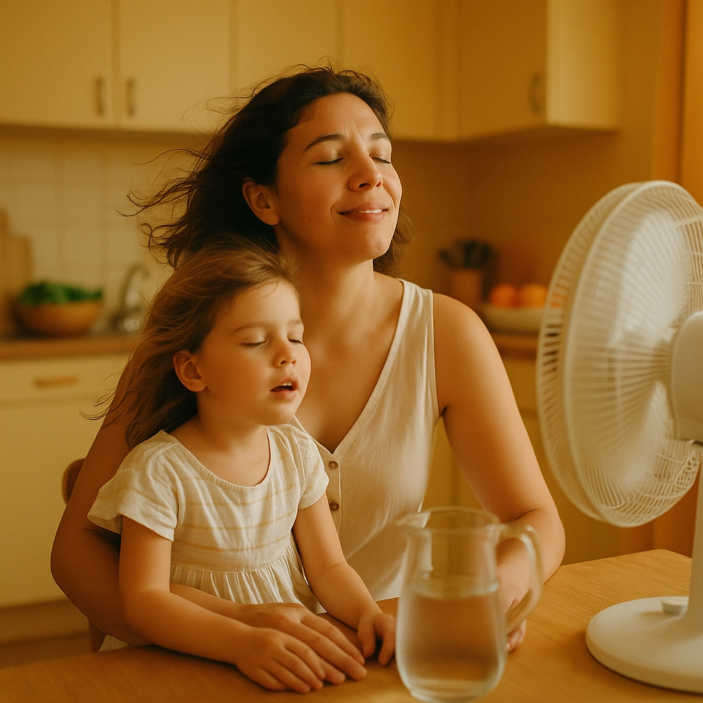 A woman and her daughter sit in their kitchen at the table, enjoying the breeze from the fan in front of them. A small pitcher of water, frosty from condensation is on the table in front of the little girl. Their eyes are closed and they look relieved. A kitchen counter and sink is in the background with two bowls, one with oranges and another with salad greens. 7 Ways to Beat the Heat in a Small Apartment