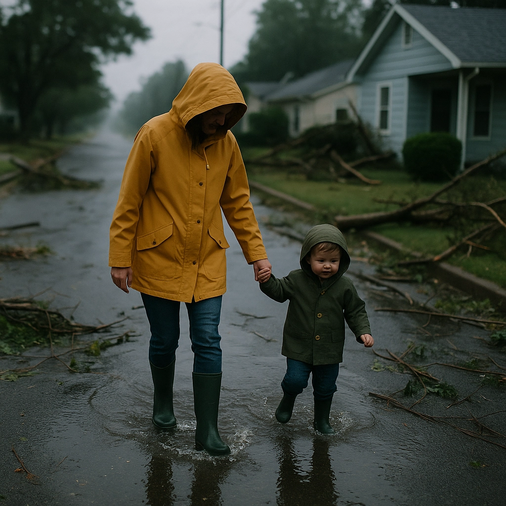 A mom, wearing a yellow rain jacket is walking with her young son, also wearing rain gear, down through a flooded street. Tree limns are scattered around them. A house behind them on the right has tree and other debris piled in front of it. Real Life Survival Stories From Strong Moms
