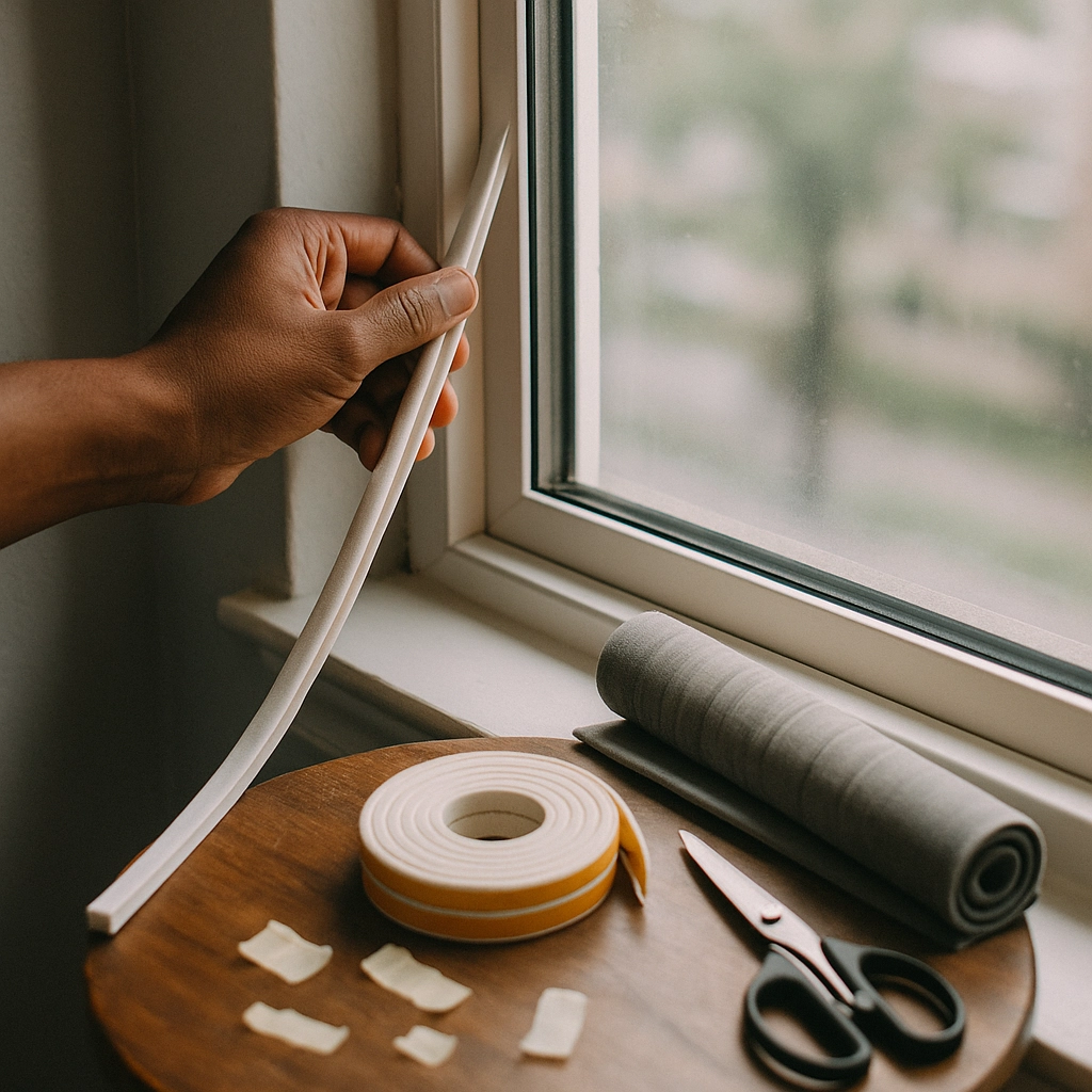 Picture of a hand placing weather-stripping along a window. There is a roll of weather-stripping, scissors, and a roll of gray fabric on the table beneath the window. Some of the paper backing from the weather-stripping is strewn on the table. 7 Ways to Beat the Heat in a Small Apartment
