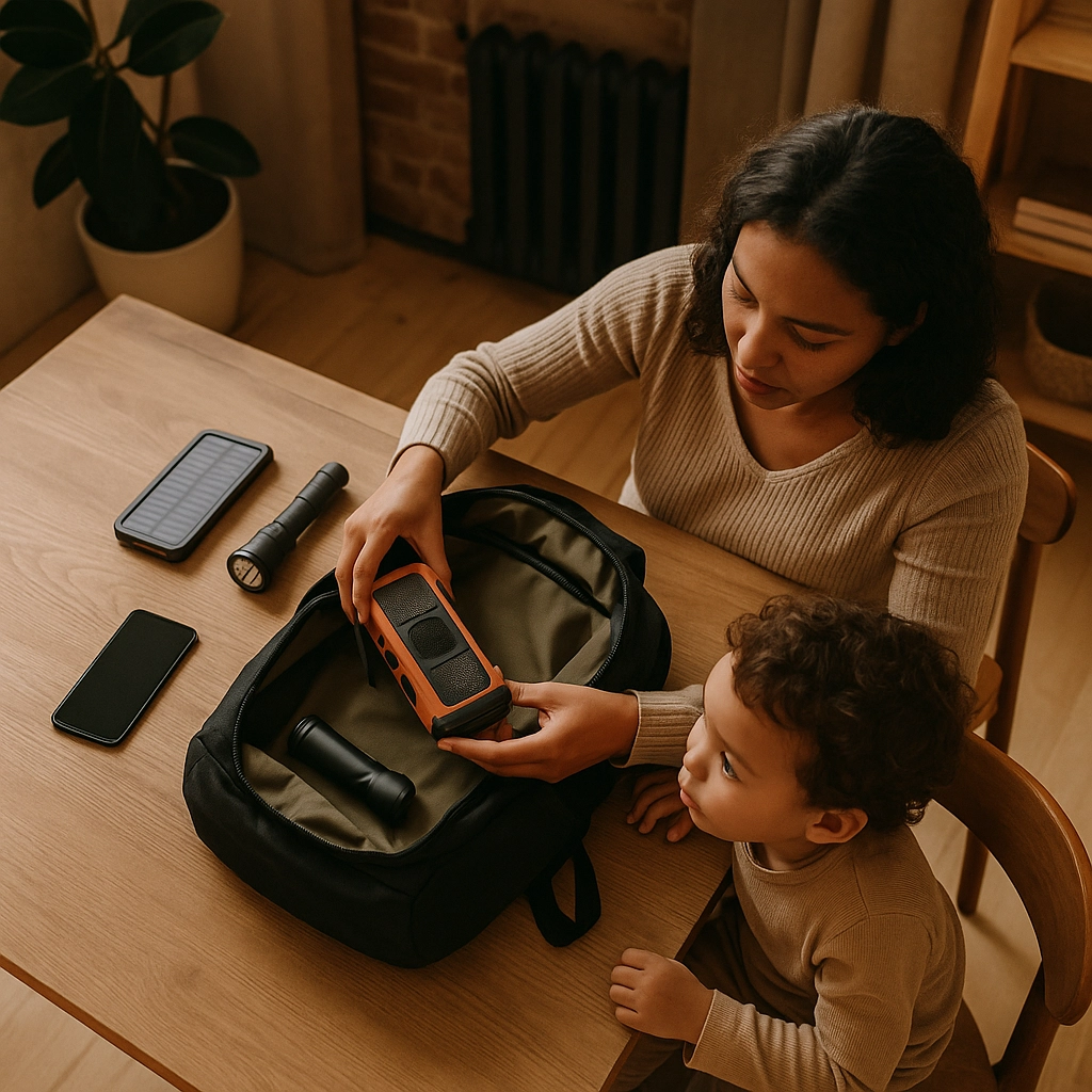 A woman is sitting with her young son at their dining table, and she is showing him the different items that are going into their bug out bag. She is holding an emergency radio, and there is a power bank, a cell phone, and a flashlight on the table next to her. Disaster Alerts: A Tech Survival Guide for Single Women