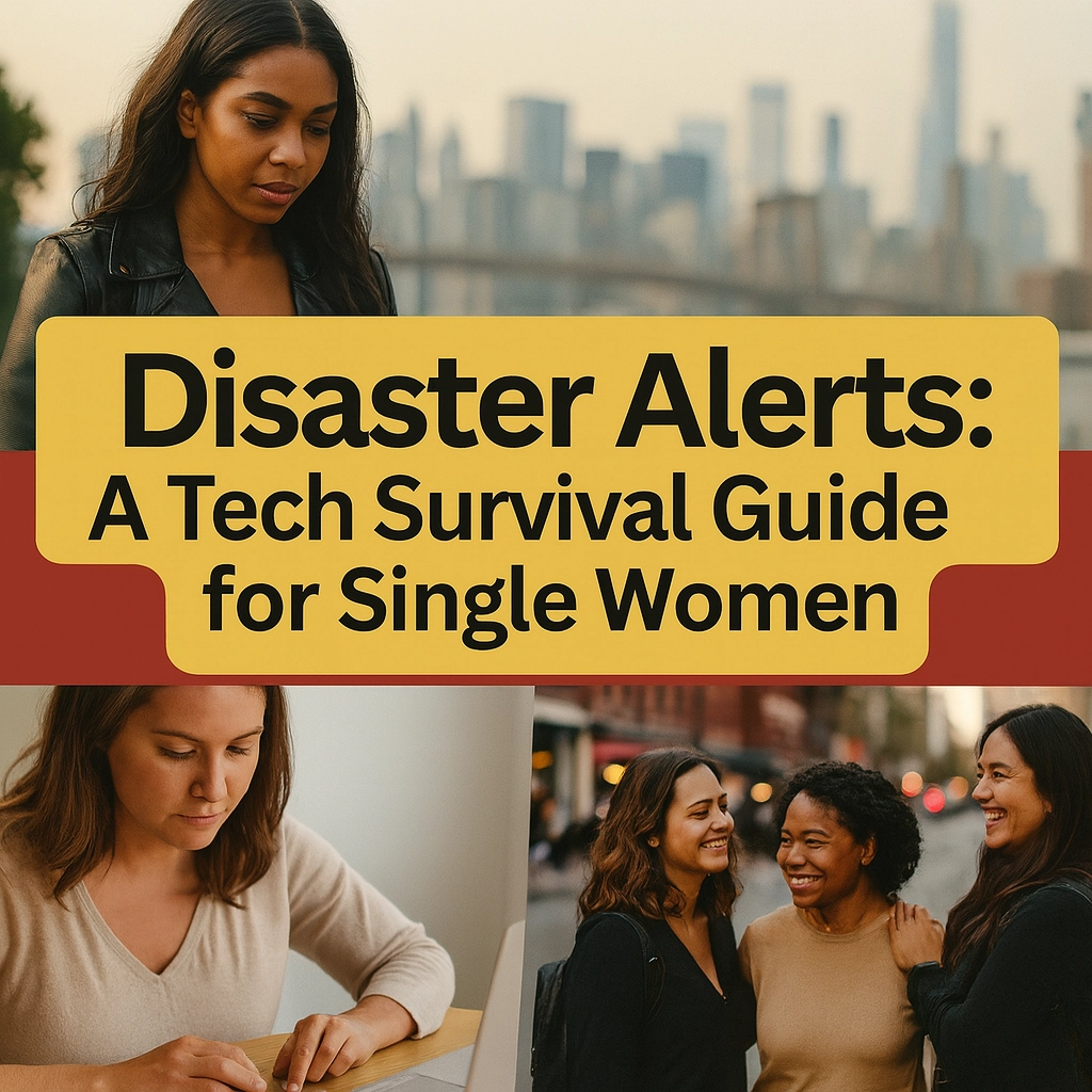  The article title, Disaster Alerts: A Tech Survival Guide for Single Women is in the foreground of three pics: the top one is a single woman with a cityscape behind her in the distance, the bottom left is a woman on her laptop, and the bottom right is three smiling women standing together on a city street. 
