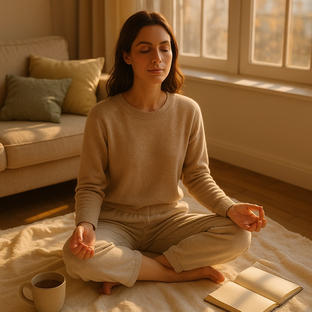 Picture of a woman sitting cross-legged in her living room in a yoga pose. Her eyes are closed and she looks content. in the background is a sofa with two pillows, and behind her to her left is a window with sunlight streaming through. The room is in shades of beige and browns.