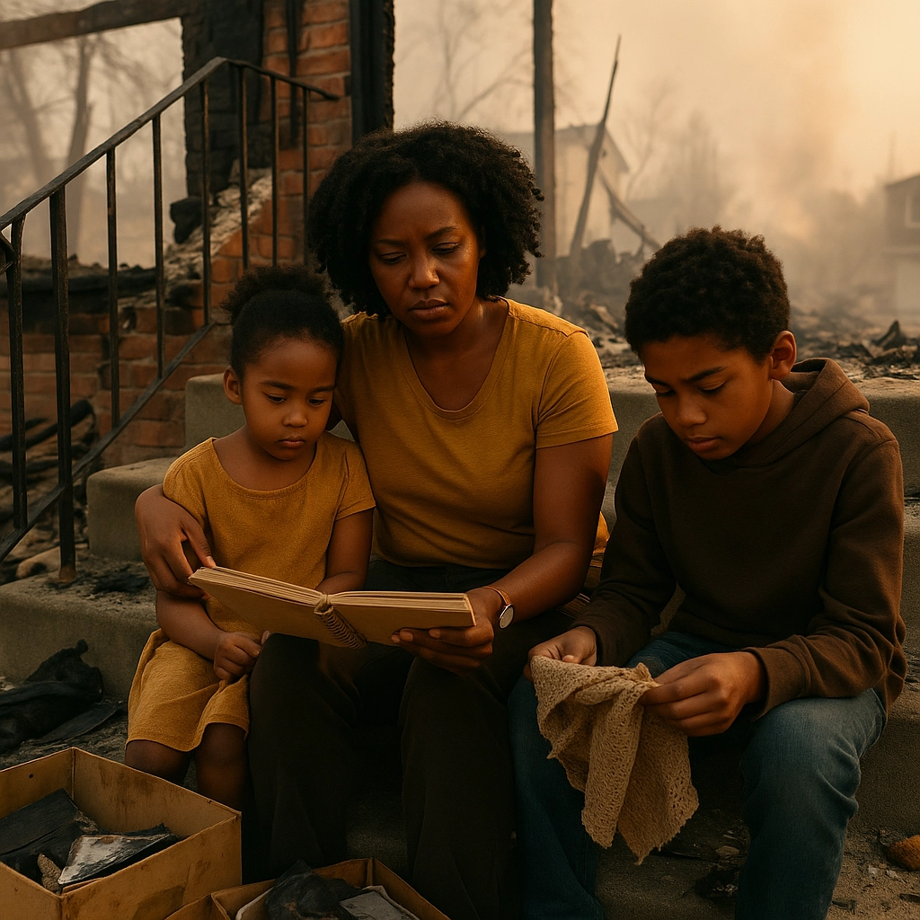 A mother sits with her young son and daughter on the steps of what used to their home. Smoky remains of burned buildings are in the background. Real Life Survival Stories From Strong Moms