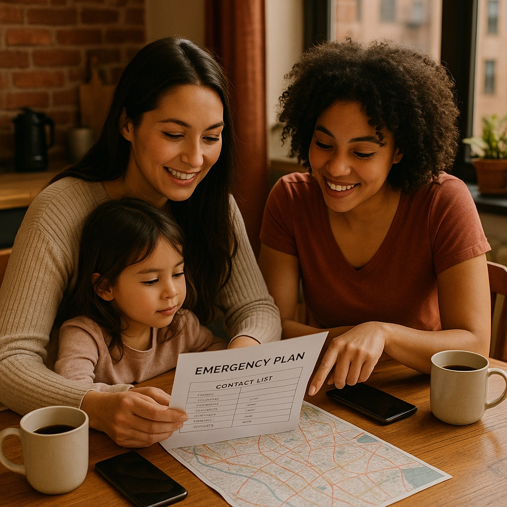Two women are sitting at a dining room table that's in front of a window. You can see city buildings outside. A young girl is sitting on one of the women's laps, and they are all going over their disaster plan. There are two cups of coffee on the table as well as a map and their cell phones. National Preparedness Month
