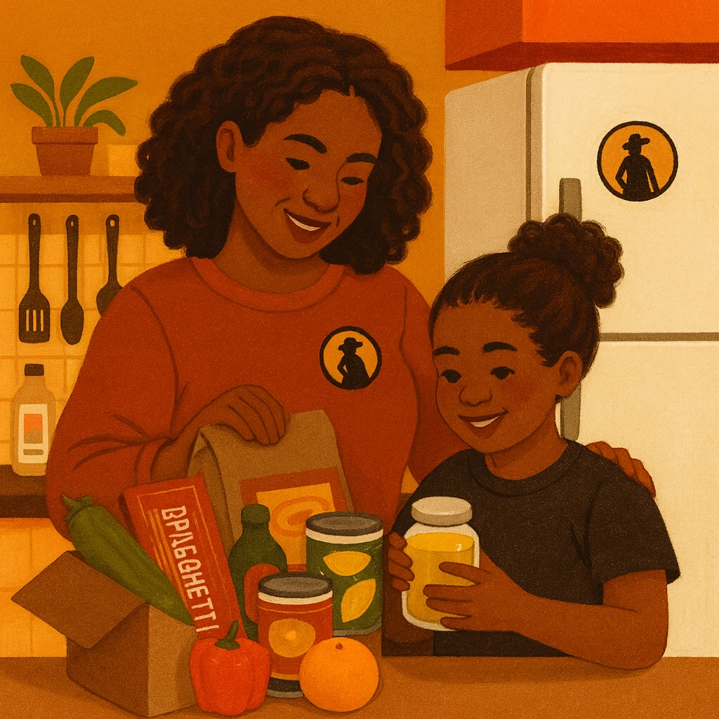 Be ready not worried. Illustration in warm orange and brown tones of a woman with her child looking through grocery items on their kitchen counter. 