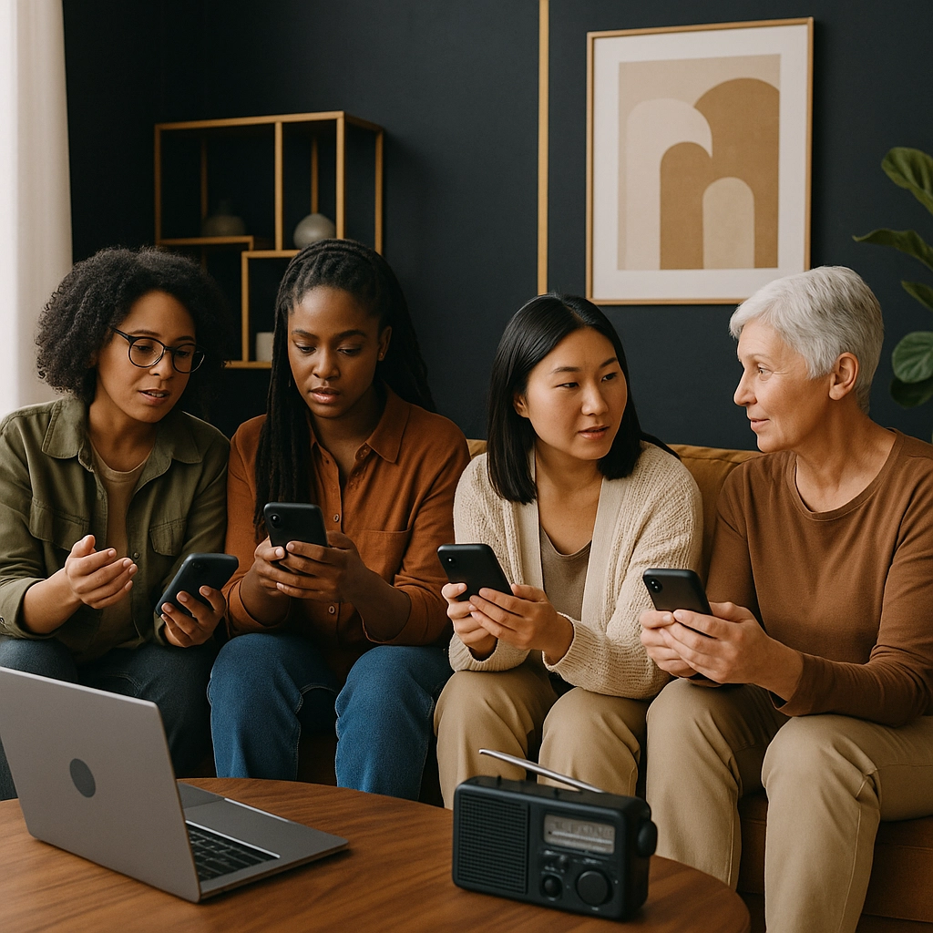 A diverse group of women are sitting in a living on the couch. There is a laptop on the coffee table in front of them along with an emergency radio. They are holding their cell phones and looking concerned. National Preparedness Month