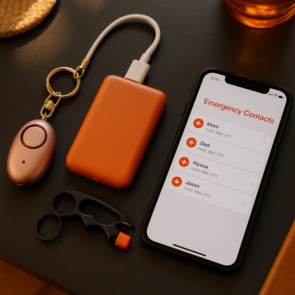City Strong, picture of personal safety tools: a personal siren, metal knuckles and and a cell phone.