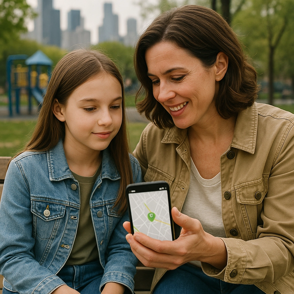 A woman and her daughter are sitting in a park. The woman is showing her a map on a cell phone. Disaster Alerts: A Tech Survival Guide for Single Women