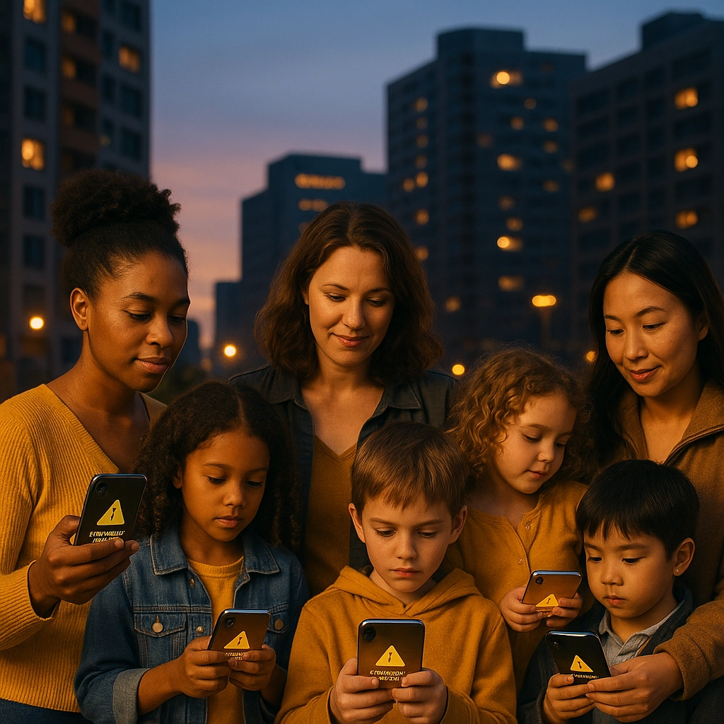 Four kids are looking at their cell phones while their mothers look over their shoulders, smiling. Disaster Alerts: A Tech Survival Guide for Single Women