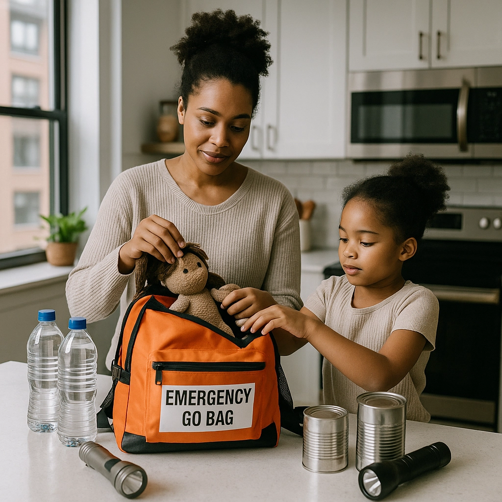 A Black mother and her daughter are in their kitchen assembling a Go-bag on the counter. The bag is orange, and they are putting a teddy bear inside, and there are bottles of water, some canned food, and two flashlights on the counter.