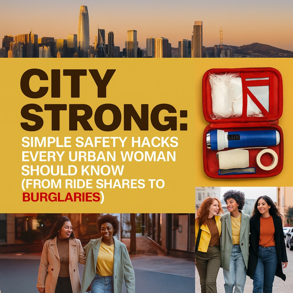 City Strong, collage of women walking with a city background
