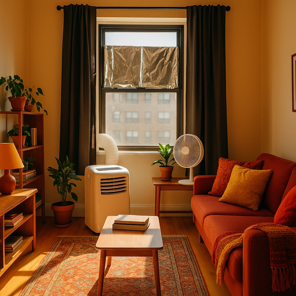 Picture of a small living room in an apartment. There is some foil on the top portion of the window, a portable air conditioner beneath it to the left, and a fan on the end table on the right that is next to a burnt orange colored sofa. The sofa is across from a short bookcase with a lamp on it, and there is a coffee table in the middle of the floor. Sunlight is streaming through the window. 7 Ways to Beat the Heat in a Small Apartment