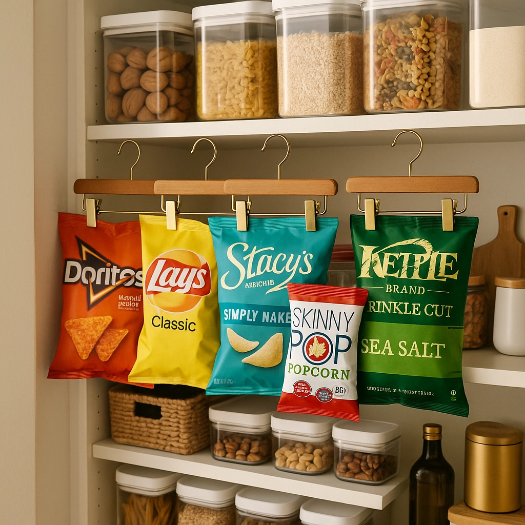 Photo of a well-organized pantry featuring pants hangers being used as a combo chip clip/bag holder. Other dry foods are in clear plastic containers, and there are a couple of random pantry items. Revolutionize Your Pantry: 5 Simple Hacks to Save Money