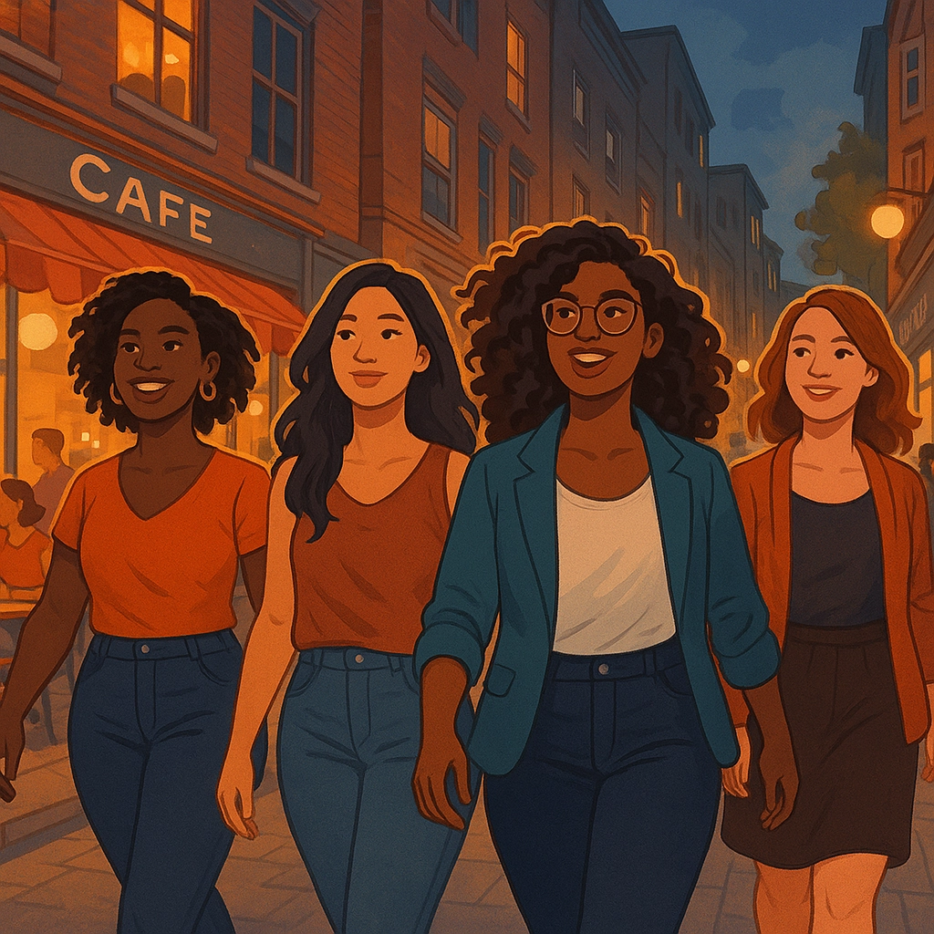 City Strong, collage of women walking with a city background