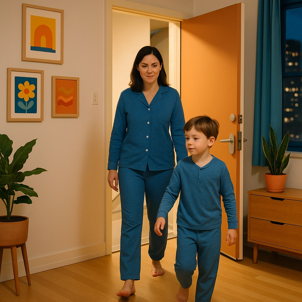 A woman and her young son, both in their pajamas, are walking into their living room. They are passing a window, and you can see the lights of a neighboring city building. National Preparedness Month